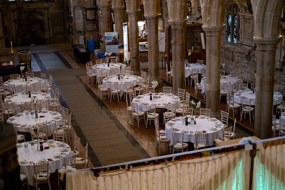 Dinner set out in Bradford Cathedral.