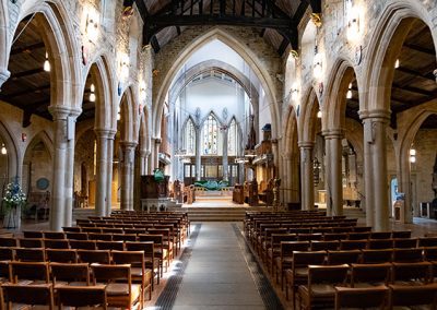 The nave filled with chairs.