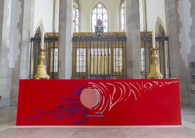Red altar frontal.