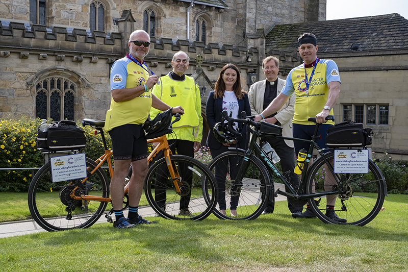 ‘Riding for Adam’ cyclists arrive at Bradford Cathedral, as leg one of their charity challenge is completed