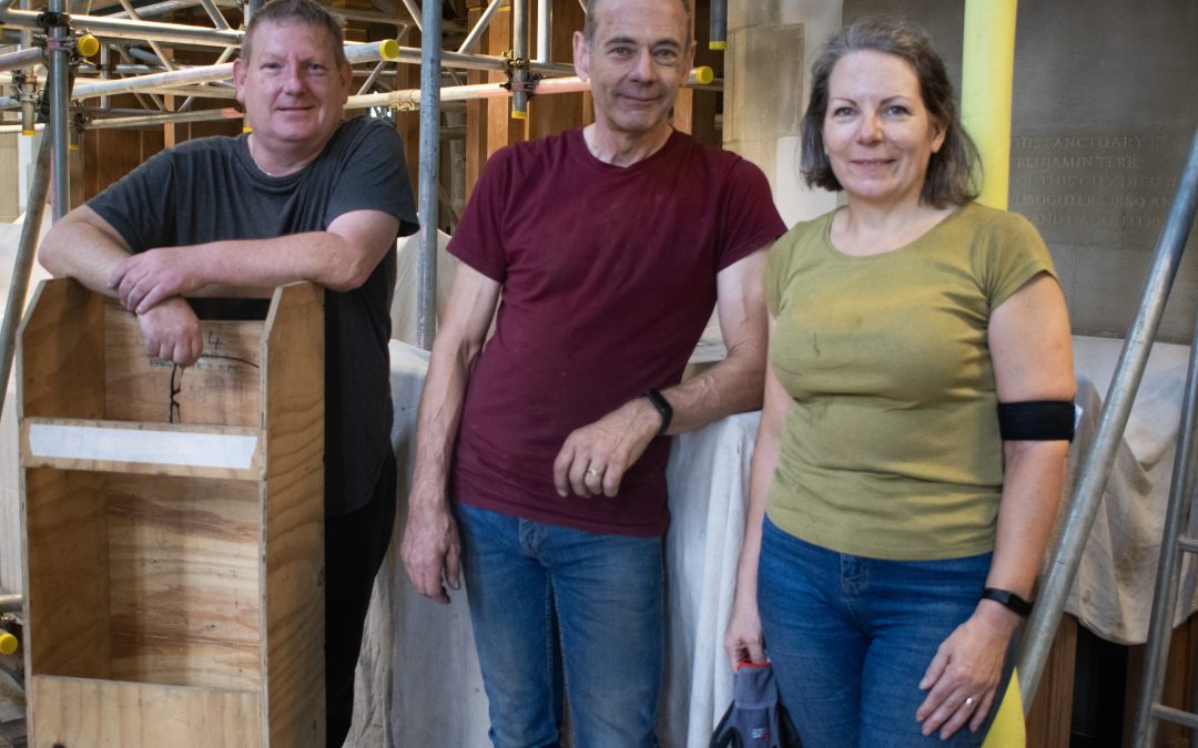 Group photo of Nigel, Mark and Ginny, the organ builders